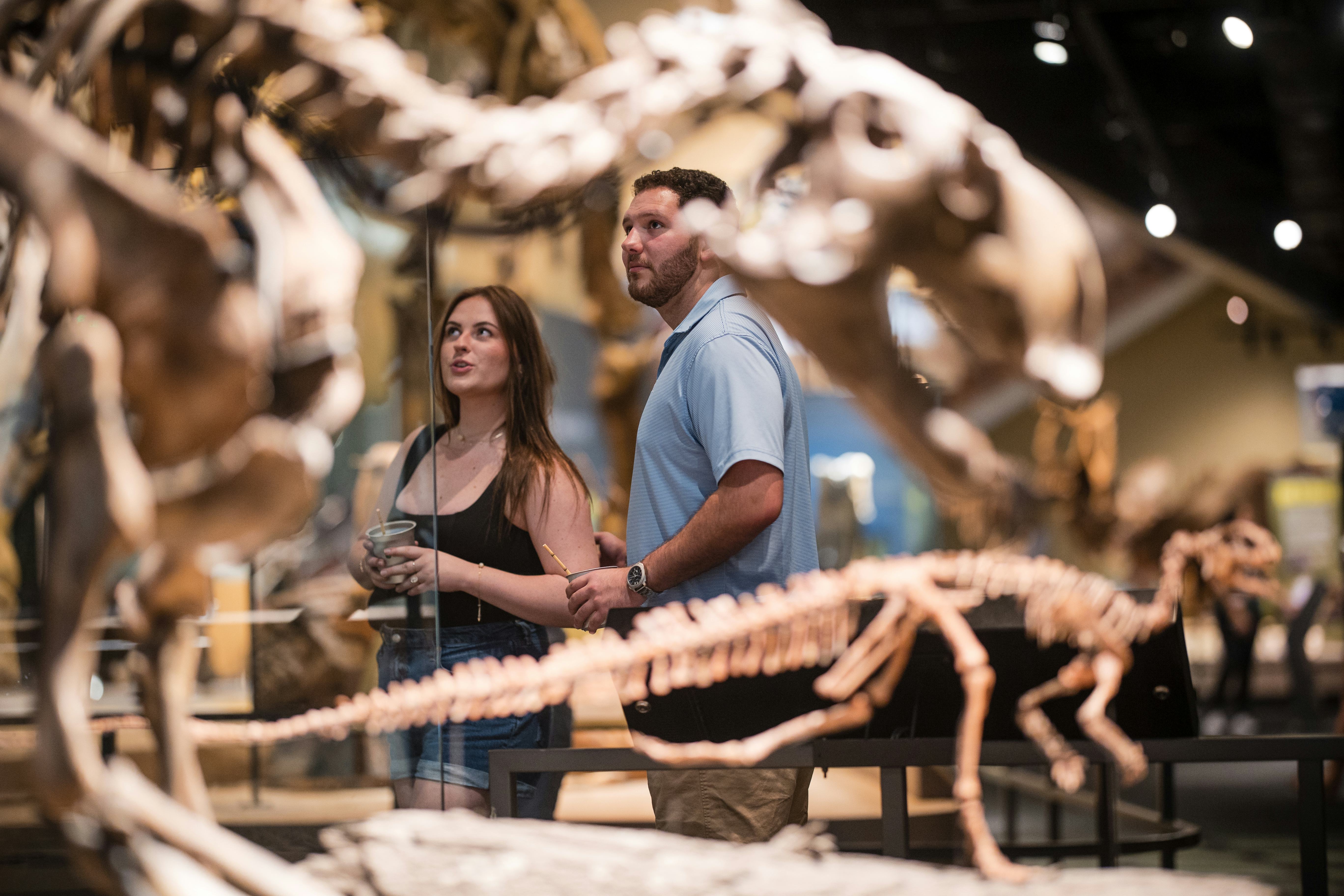Man and woman standing behind T. rex fossil