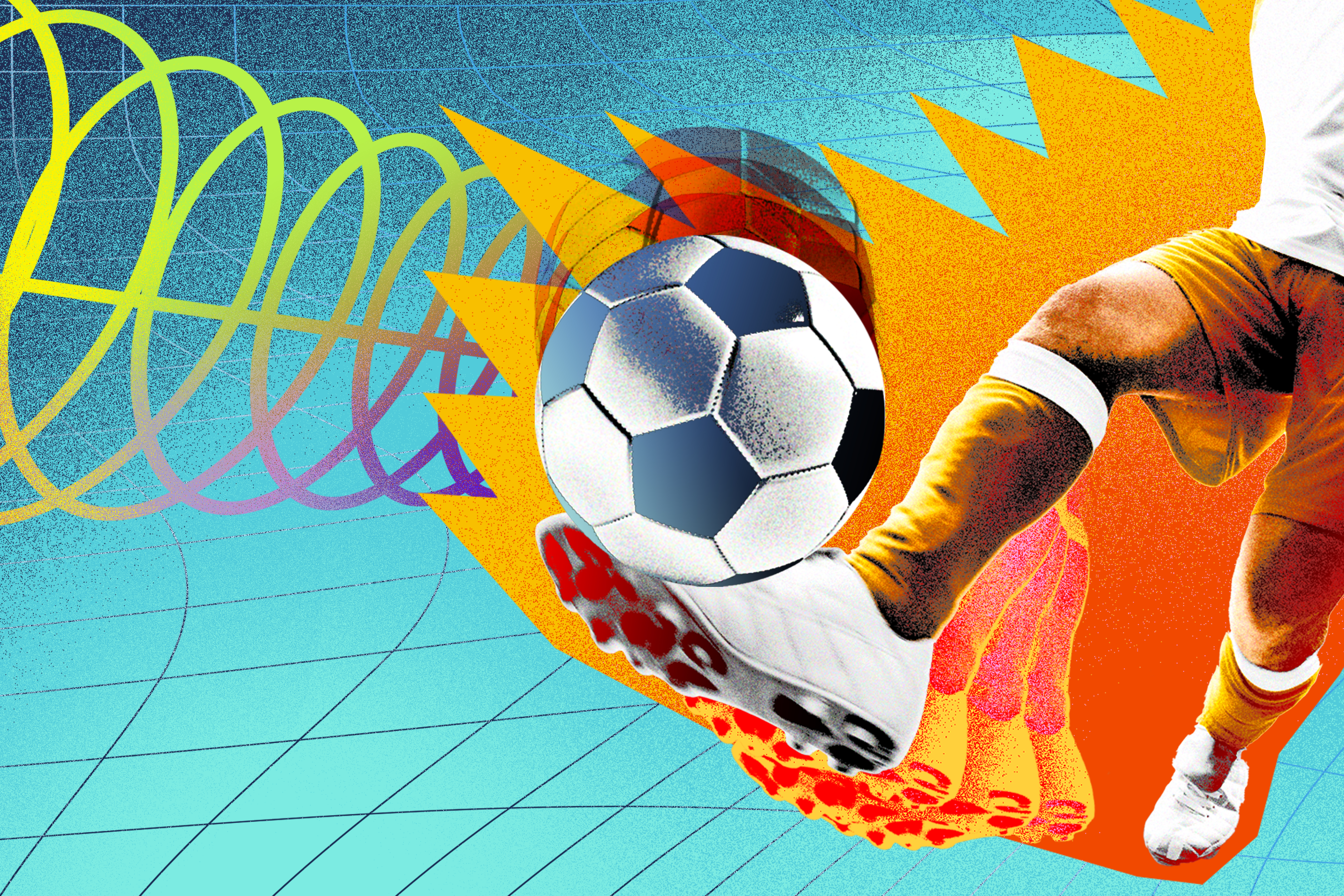 Colorful illustration depicting a soccer player kicking a ball