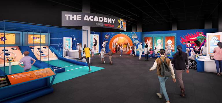 Rendered image of large space with large banner reading The Academy