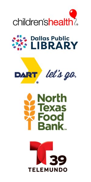 Perot Museum community partner logos - children's health, dallas public library, dart, north texas food bacnk, telemundo