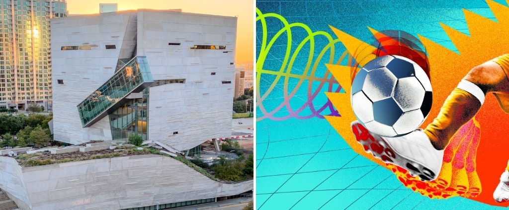 Two images side-by-side: 1) Perot Museum exterior, 2) Graphic featuring leg kicking soccer ball