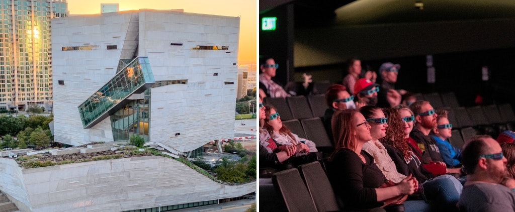 Graphic of the Perot Museum exterior and people in theater wearing 3d glasses