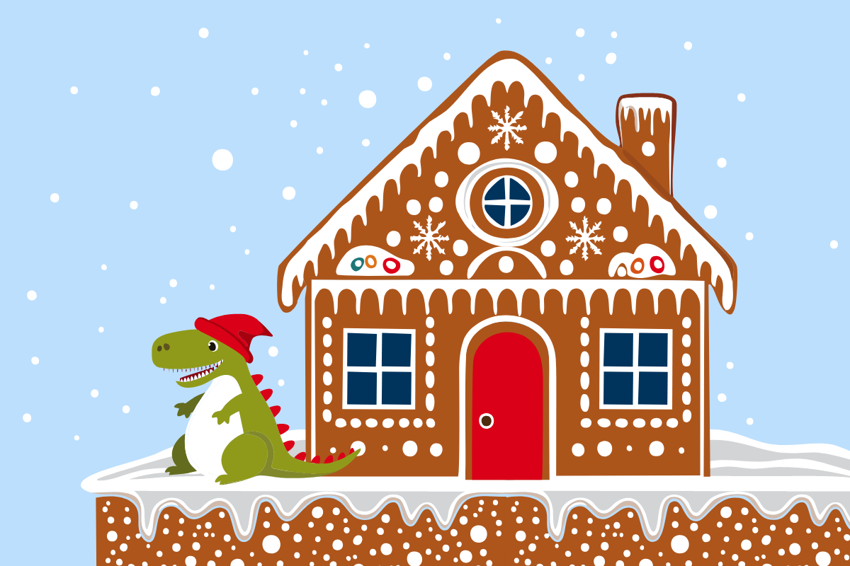 Cartoon image of gingerbread house in snow with dinosaur