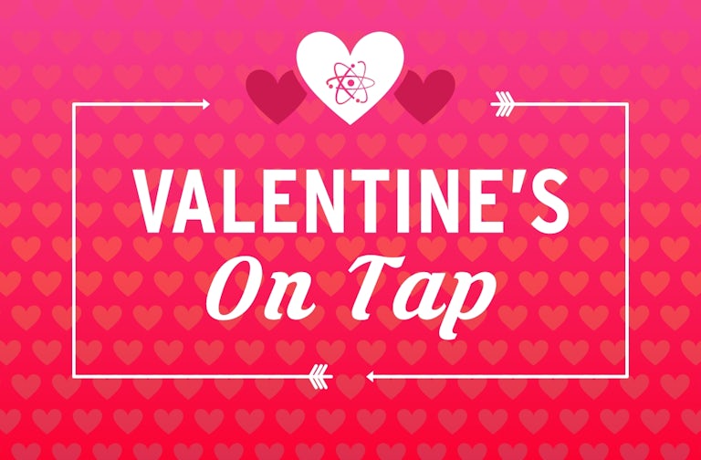 Pink graphic with Valentine's on Tap text overlayed with hearts in the background