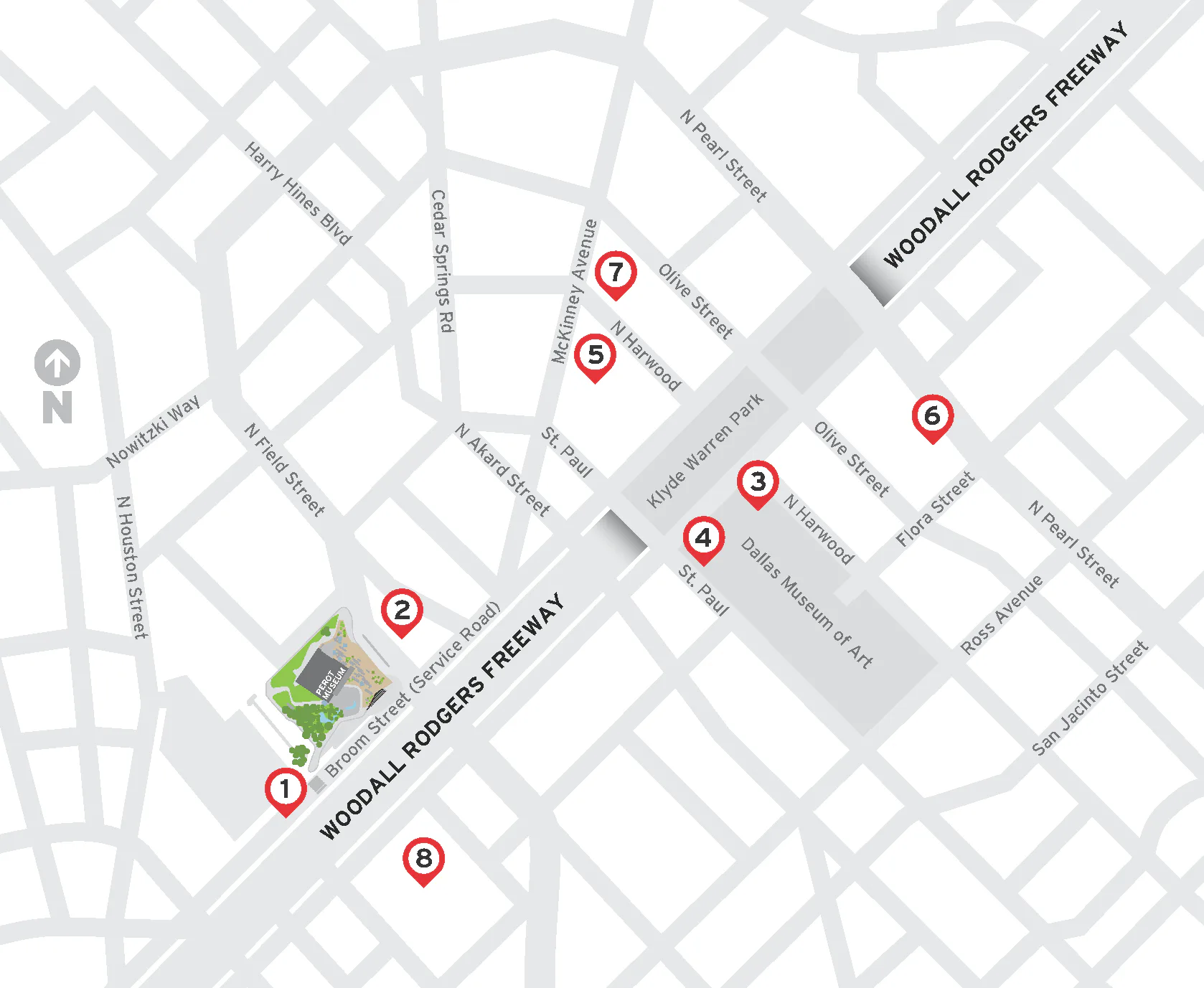 Map with eight numbered location icons
