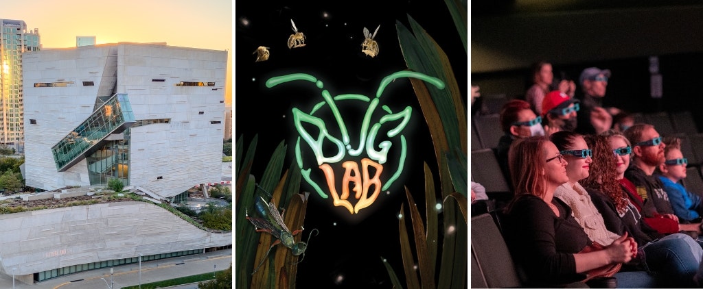 Perot Museum, Bug Lab graphic, people wearing 3d glasses in theater