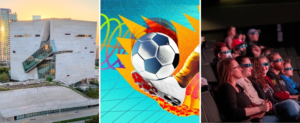 Three images side-by-side: 1) Perot Museum exterior, 2) Graphic featuring leg kicking soccer ball, 3) guests sitting in theater wearing 3D glasses