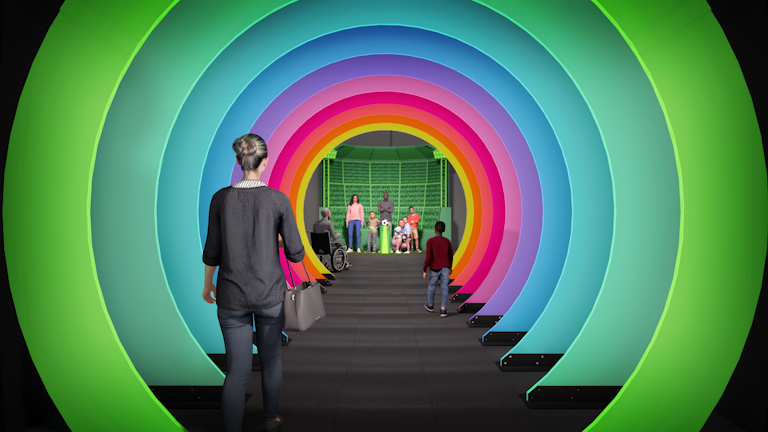 Rendered image of woman walking through colorful soccer entrance tunnel with family posing with trophy at the end
